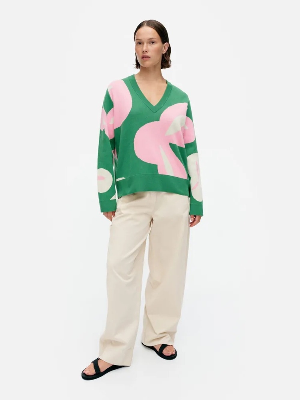 Marimekko Viuhko Poiminto V-Neck Floral Green and Pink Women's Sweater
